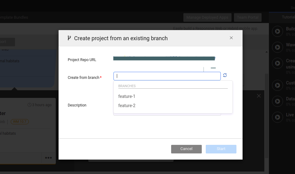 create project existing branch