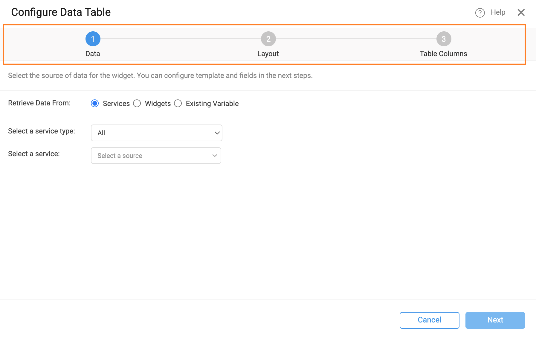 Data Table Configure Dialog Header